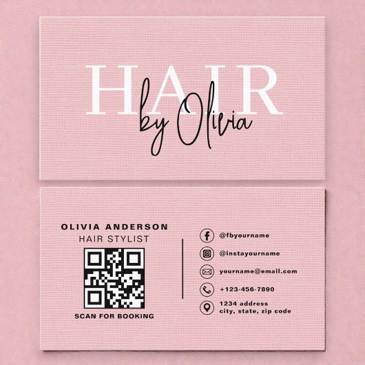 Linen-QR-Code-Friseur in rosa Typografie Visitenkarte