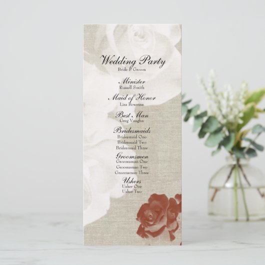 Linen Red White Ghost Rose Hochzeitsprogramm Programm (Stehend Vorderseite)