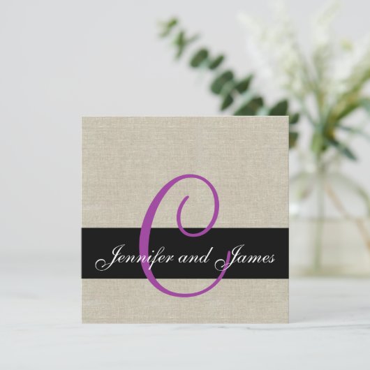 Linen Rustic Weditation Monogram Lila Einladung (Stehend Vorderseite)