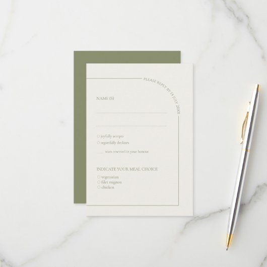  Linen & Sage Green Arch Minimalist w Meal Choice  RSVP Karte (Vorderseite/Rückseite Beispiel)