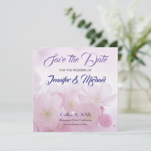 Linen Save the Date Hochzeit Rosa Blume Elegant (Stehend Vorderseite)