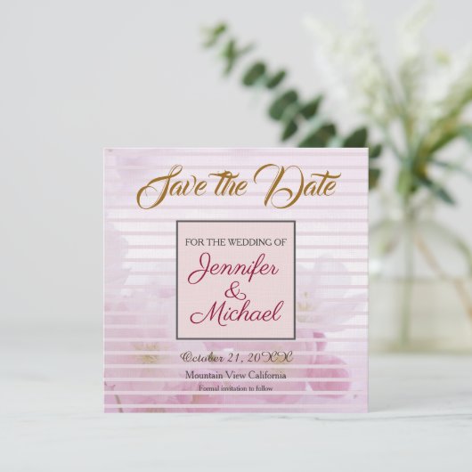 Linen Save the Date Hochzeit Rosa Blume Elegant (Stehend Vorderseite)