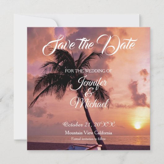 Linen Save the Date Hochzeitspalmen Bäume exotisch (Vorderseite)