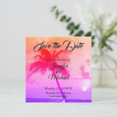Linen Save the Date Hochzeitspalmen Bäume exotisch (Stehend Vorderseite)