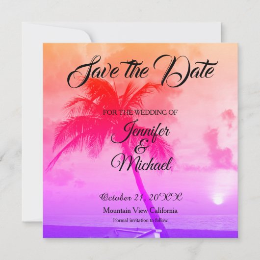 Linen Save the Date Hochzeitspalmen Bäume exotisch (Vorderseite)