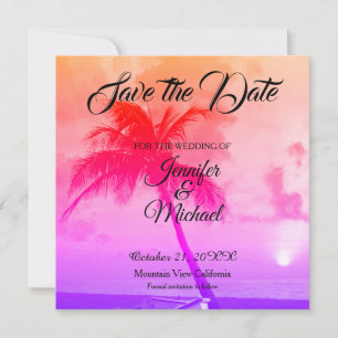 Linen Save the Date Hochzeitspalmen Bäume exotisch