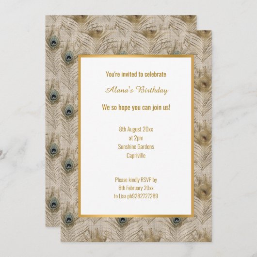 LINEN SEHEN PEACOCK FEATHER INVITATION EINLADUNG (Vorne/Hinten)