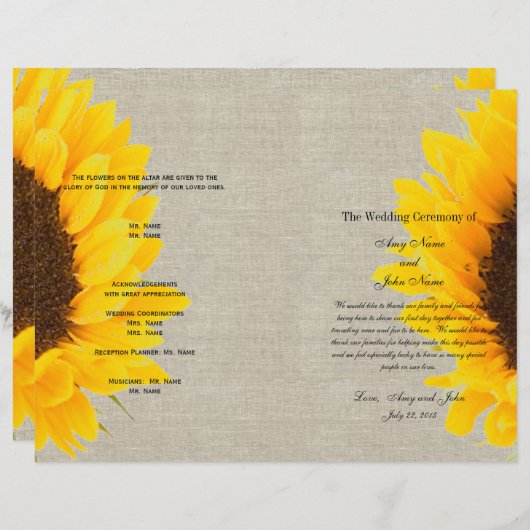 Linen Sunflower Rustic | Hochzeitsprogramm (Vorne/Hinten)
