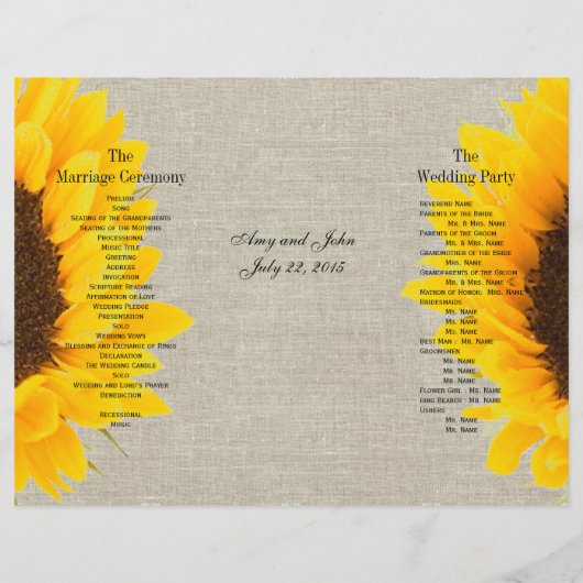 Linen Sunflower Rustic | Hochzeitsprogramm (Rückseite)