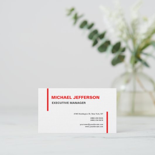 Linen Trendy Moderne Elegant Simple Red White Visitenkarte (Stehend Vorderseite)