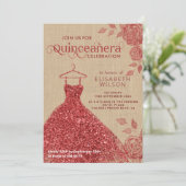 Linen Vintage Rote Rosen Glitzer Kleid Quinceañera Einladung (Stehend Vorderseite)