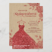 Linen Vintage Rote Rosen Glitzer Kleid Quinceañera Einladung (Vorne/Hinten)