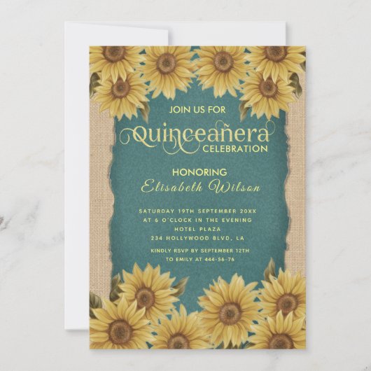 Linen Vintage Sonnenblume Türkis Quinceañera Einladung (Vorderseite)