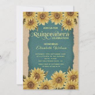 Linen Vintage Sonnenblume Türkis Quinceañera Einladung