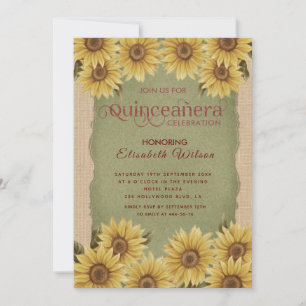 Linen Vintage Sonnenblumengrün Quinceañera Einladung
