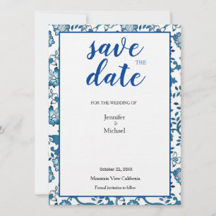 Linen Wedding Floral Blue White Rett Date Save The Date