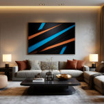 Lines in Motion Leinwanddruck<br><div class="desc">Diagonal bands in vibrant blue and copper create a dynamic flow over a black background. This minimalist work brings energy and modernity through clean and precise lines. Ideal for corporate or residential spaces seeking contemporary sophistication with striking visual impact.</div>