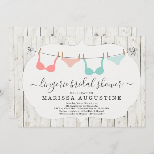 Lingerie Brautparty Party - Rustikale Wäscheleine Einladung (Vorne/Hinten)