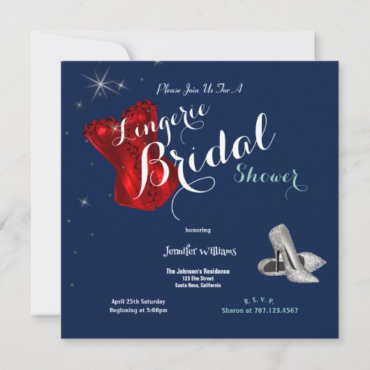 Lingerie Brautparty Silver Stilettos Red Corset Einladung (Rückseite)