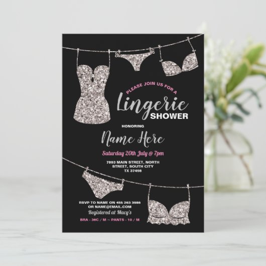 Lingerie Dusche Brautparty Silver Glitzer Pink Einladung (Stehend Vorderseite)
