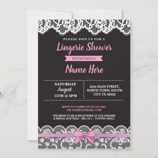 Lingerie Dusche Pink Black Lace Bow Einladung (Vorderseite)