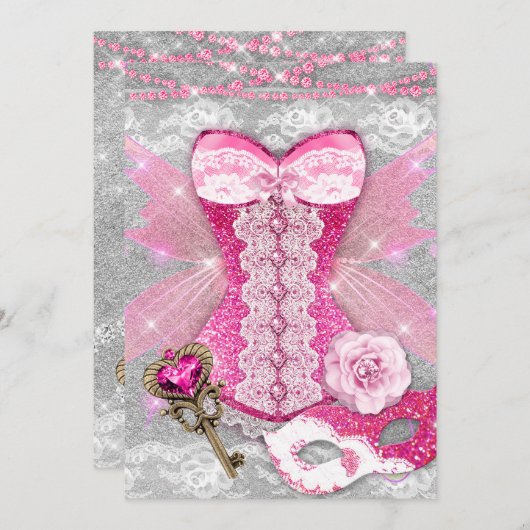 Lingerie Party PINK Key Corset Mask Silver Einladung (Vorne/Hinten)