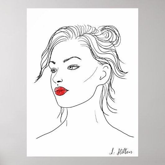 Liniengrafiken | Frau in Rotem Lipstick Poster (Vorne)
