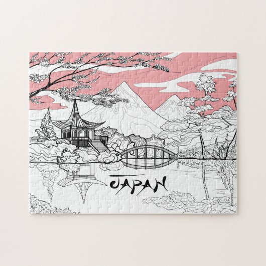 Linienmalerei des japanischen Tempelsees Puzzle (Horizontal)