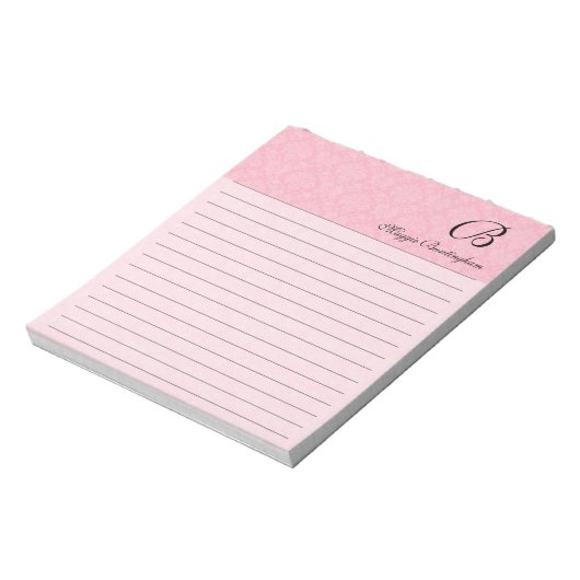 Linierte rosa Damaske mit schwarzer Monogramm Notizblock (Rotiert)
