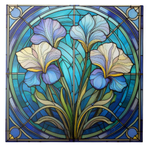Linke florale Iris Art Nouveau Blau Grün Retro Fliese