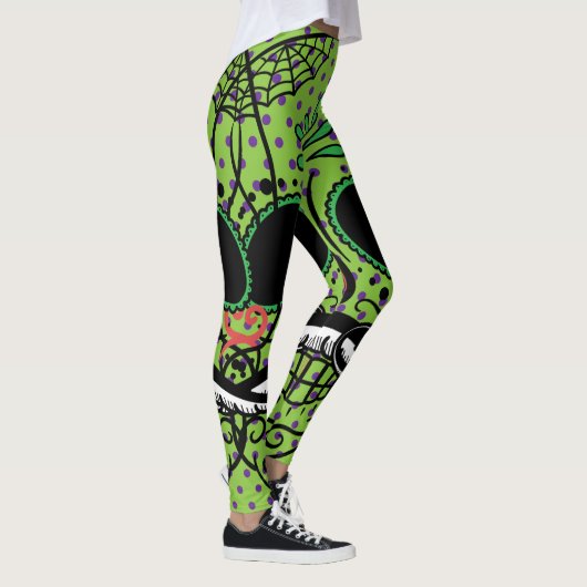 Linke Green Lila Polka Dots Sugar Skull Leggings (Rechts)