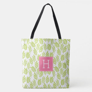 Linke grüne Blätter Muster und rosa Monogramm Tasche