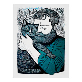 Linocut Bearded Man hält eine Katze Poster