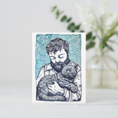 Linocut Bearded Man hält eine Katze Postkarte (Stehend Vorderseite)
