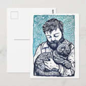 Linocut Bearded Man hält eine Katze Postkarte (Vorne/Hinten)