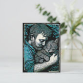 Linocut Bearded Man hält eine Katze Postkarte (Stehend Vorderseite)