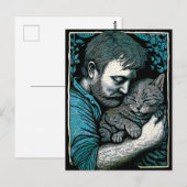 Linocut Bearded Man hält eine Katze Postkarte (Vorne/Hinten)