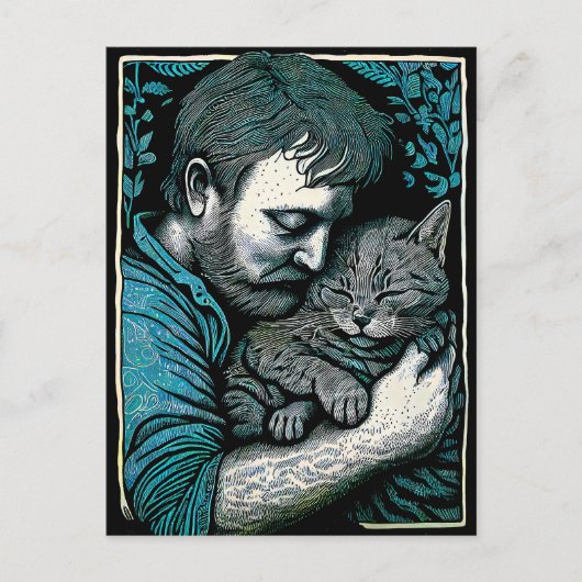 Linocut Bearded Man hält eine Katze Postkarte (Vorderseite)