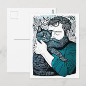 Linocut Bearded Man hält eine Katze Postkarte (Vorne/Hinten)