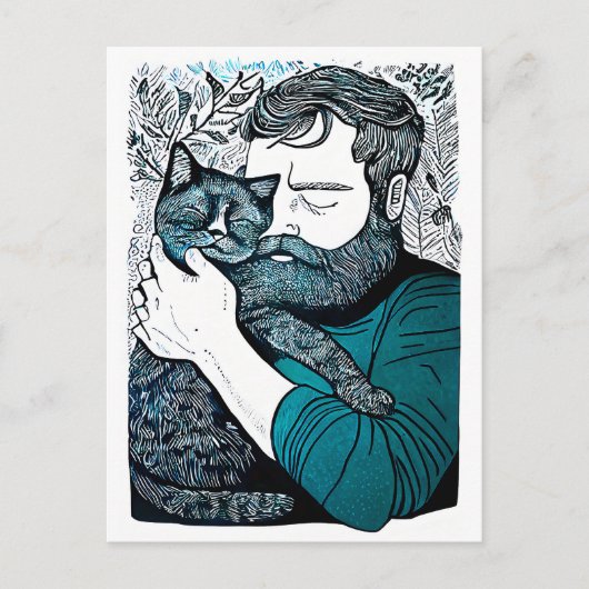 Linocut Bearded Man hält eine Katze Postkarte (Vorderseite)
