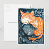 Linocut Black und Red Cat Cuddling in einem Bush Postkarte (Vorne/Hinten)