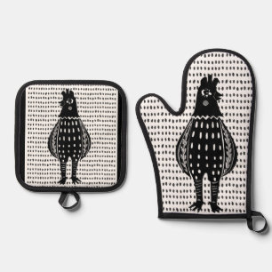 Linocut Chicken Ofenhandschuh & Topflappen-Set