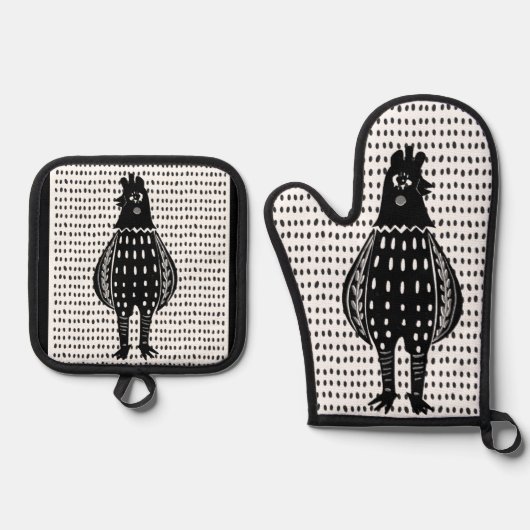 Linocut Chicken Ofenhandschuh & Topflappen-Set (Vorderseite)