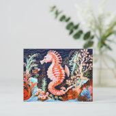 Linocut des Seepferds im Korallenriff Postkarte (Stehend Vorderseite)