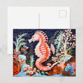 Linocut des Seepferds im Korallenriff Postkarte (Vorne/Hinten)