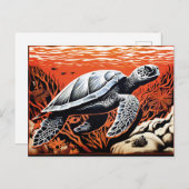 Linocut einer Schildkröte, die durch ein Korallenr Postkarte (Vorne/Hinten)