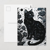 Linocut einer schwarzen Katze unter Blume Postkarte (Vorne/Hinten)