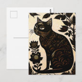 Linocut einer schwarzen Katze unter Blume Postkarte (Vorne/Hinten)