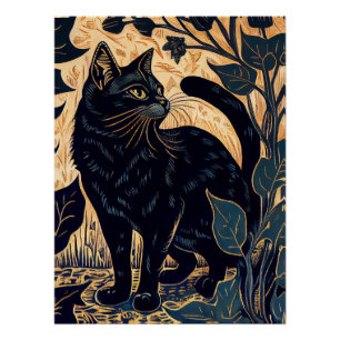 Linocut einer schwarzen Katze Unter Pflanze mit ge Poster