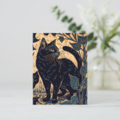 Linocut einer schwarzen Katze Unter Pflanze mit ge Postkarte (Stehend Vorderseite)